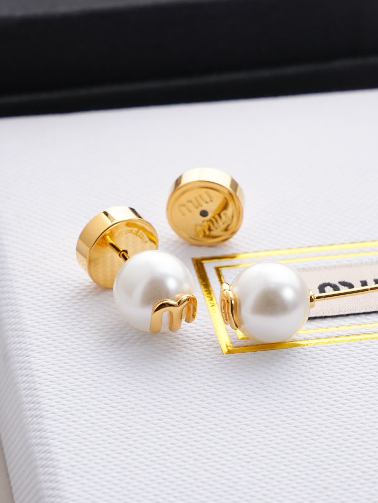 Miu Miu Gold Tone Pearl Stud Earrings